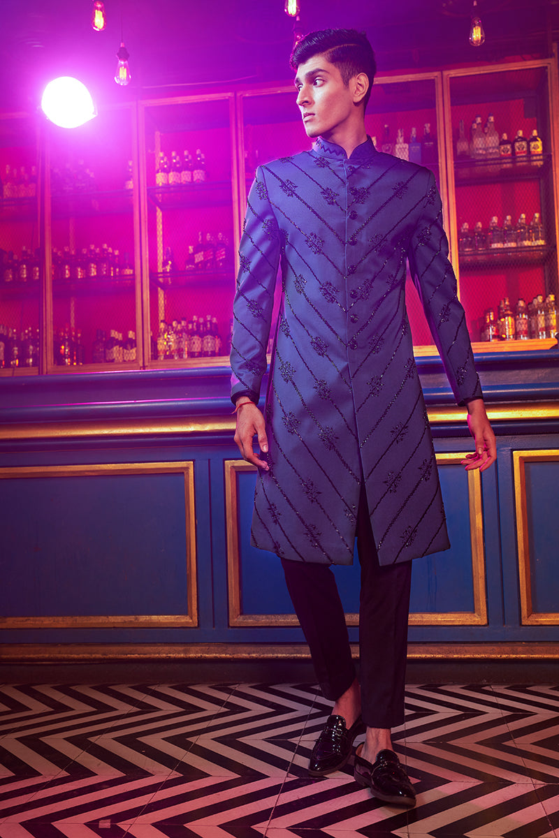Deep Green Embroidered Suede Sherwani Set