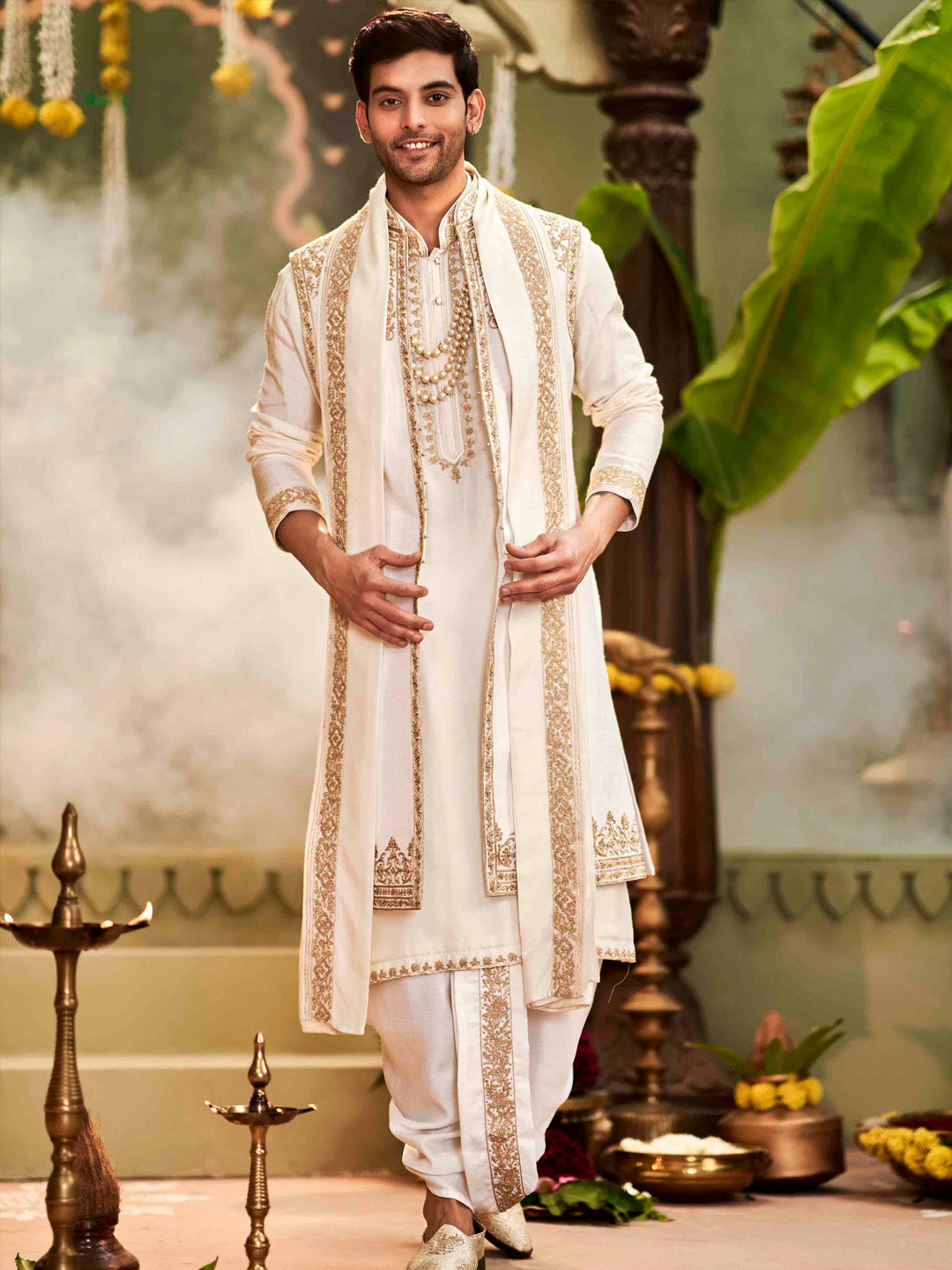 Muhurtham set with long sleeveless sherwani with Kurta Set