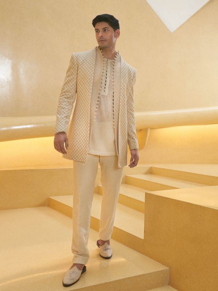 Pearl Cream Sheer Kurta Indowestern Set For Groom