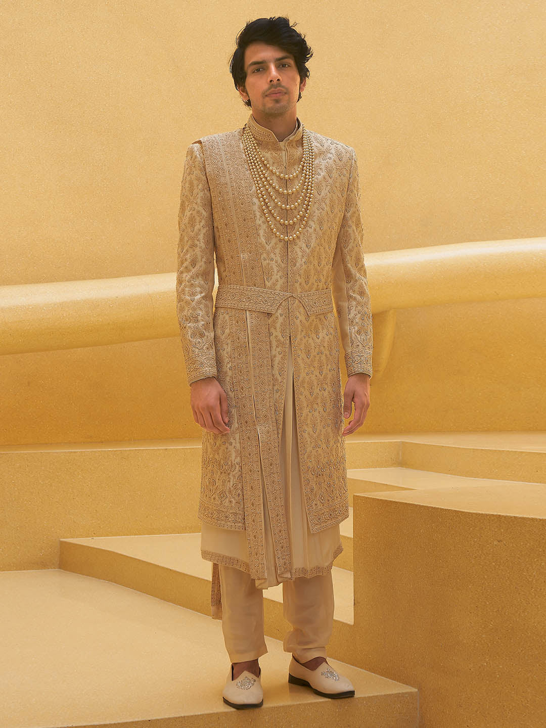 Classic Cream Embroidered Sherwani Dress For Groom