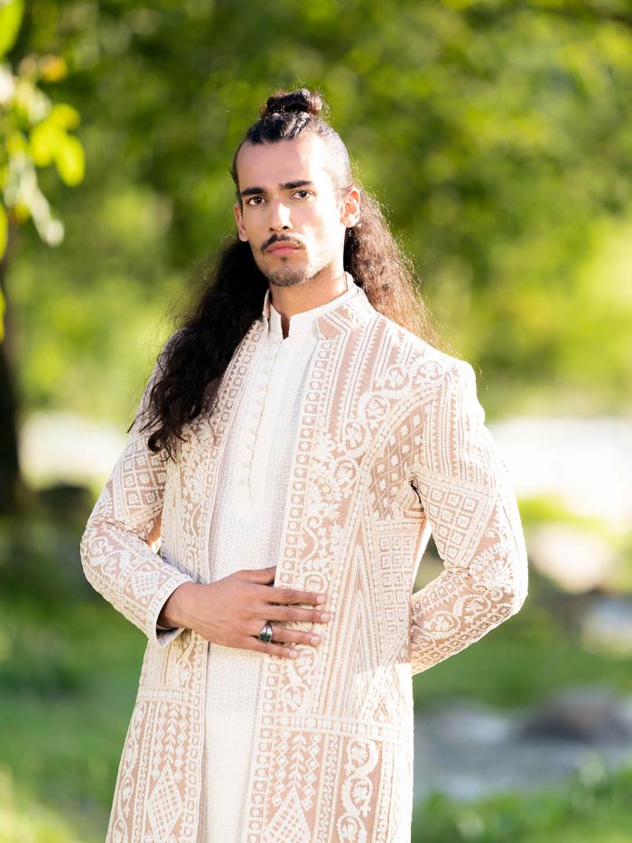Pearl White And Khaki Embroidered Indo Western Sherwani For Men