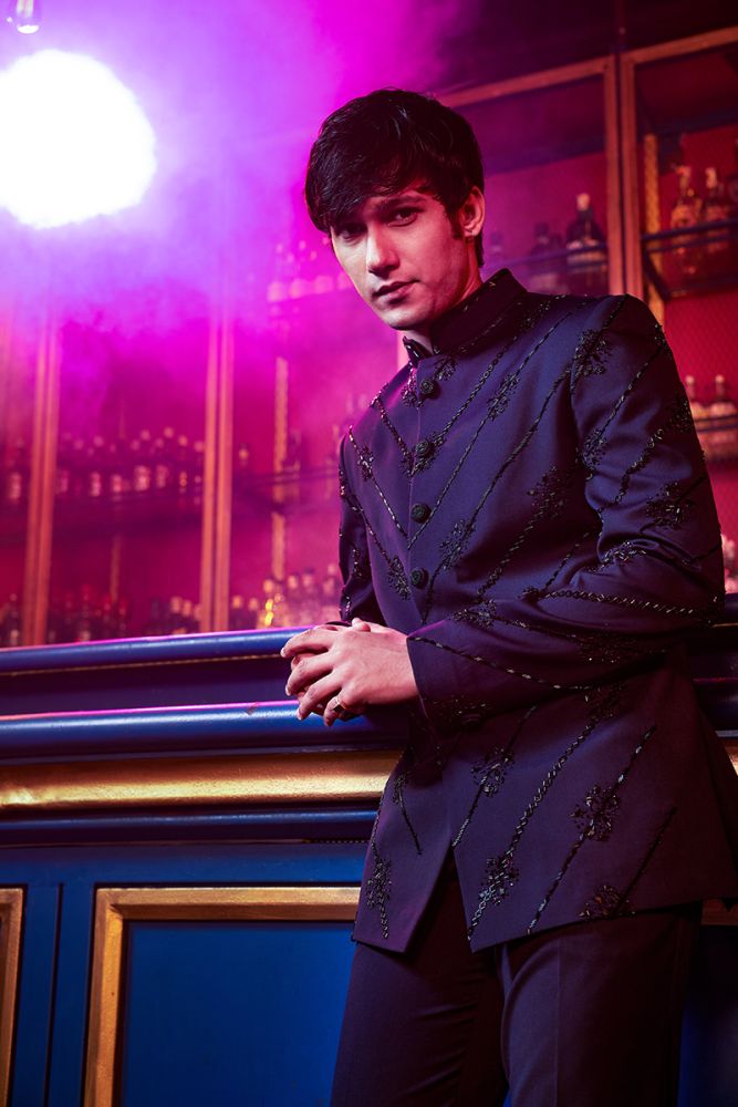 Navy Blue Suede Embroidered Jodhpuri Set