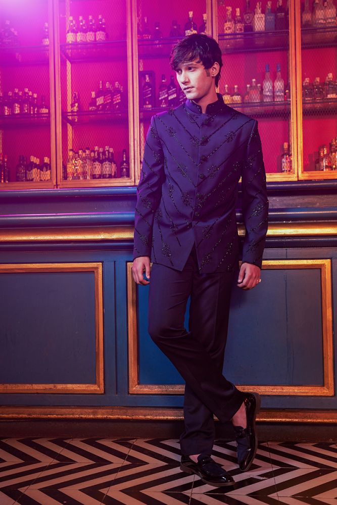 Navy Blue Suede Embroidered Jodhpuri Set
