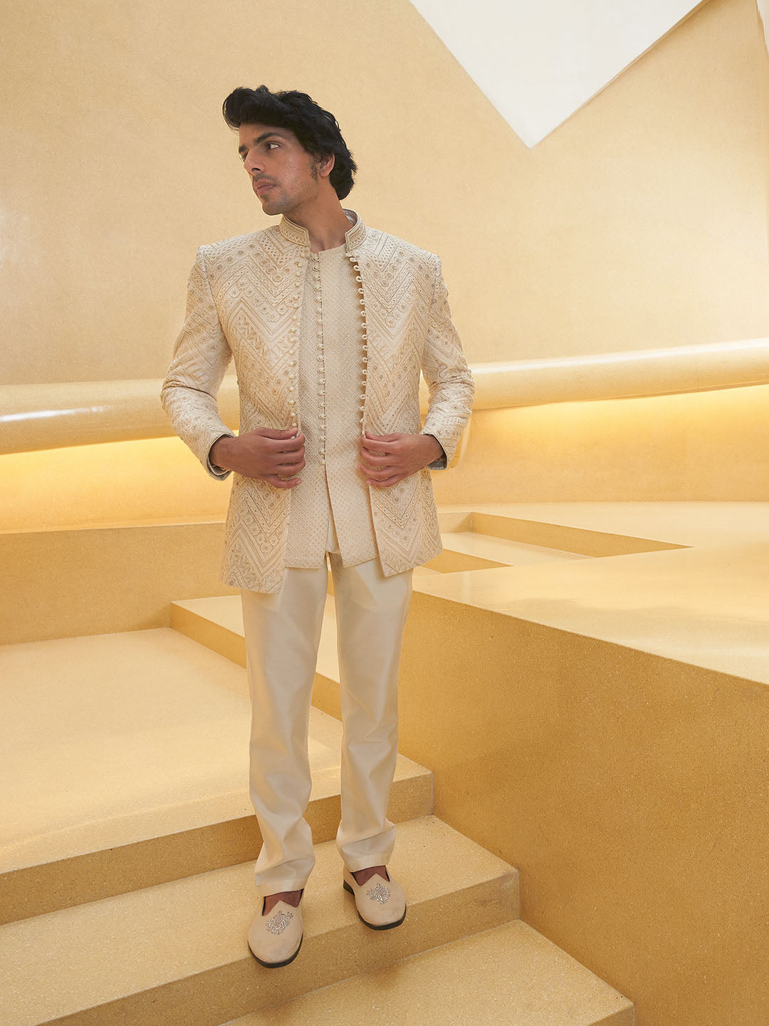 Cream Sheer Kurta With Indo Western Sherwani