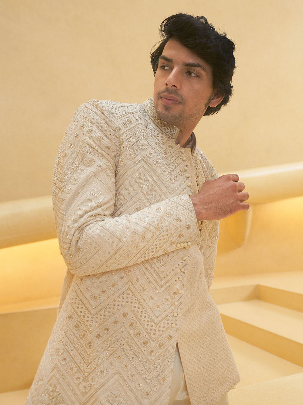 Cream Sheer Kurta With Indo Western Sherwani