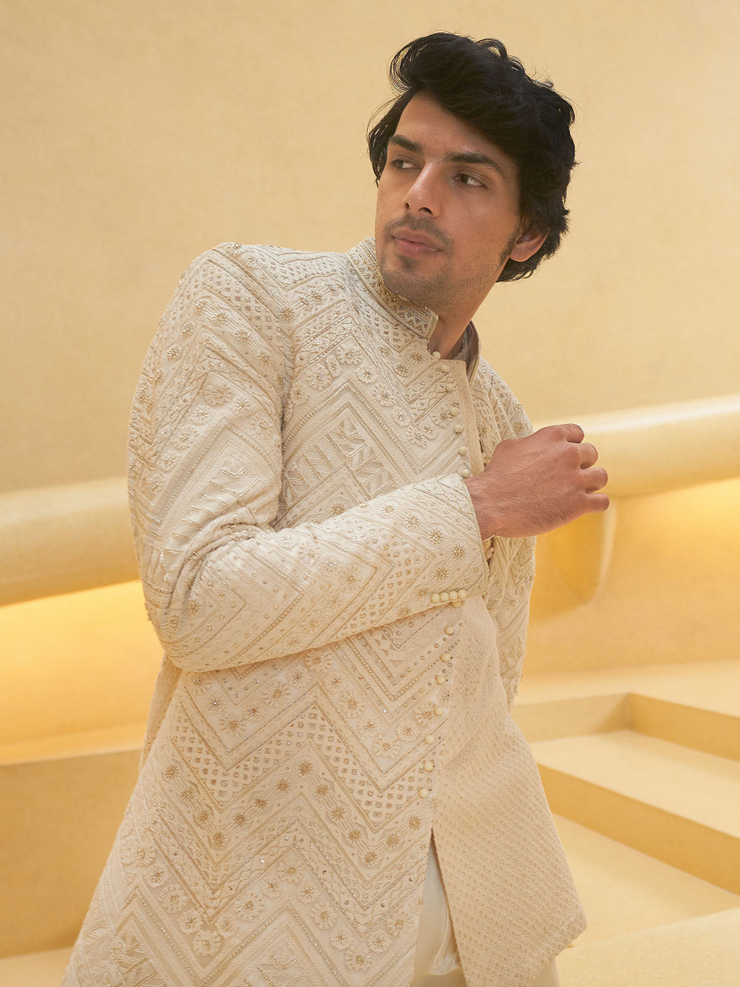 Cream Sheer Kurta With Indo Western Sherwani