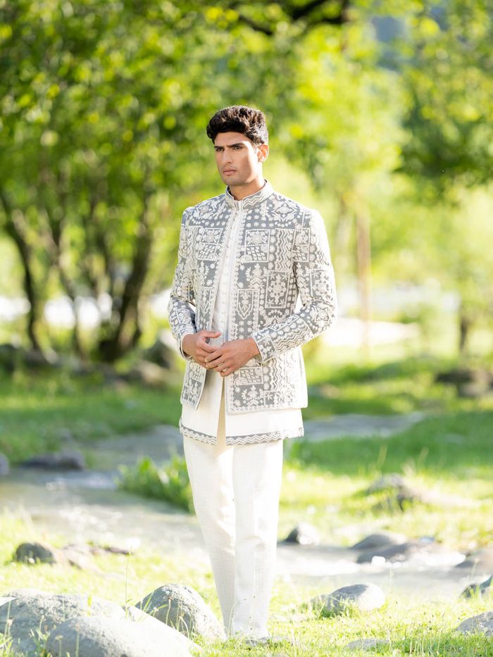 Pearl White And Olive Green Indowestern Sherwani Set