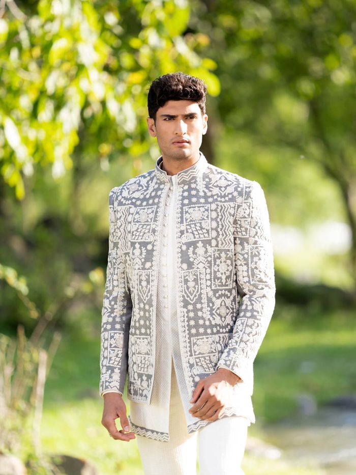 Pearl White And Olive Green Indowestern Sherwani Set
