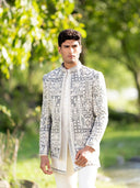 Pearl White And Olive Green Indowestern Sherwani Set