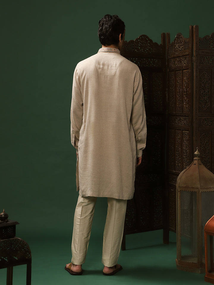 Natural Linen Embroidered Churidar Kurta Set for Men