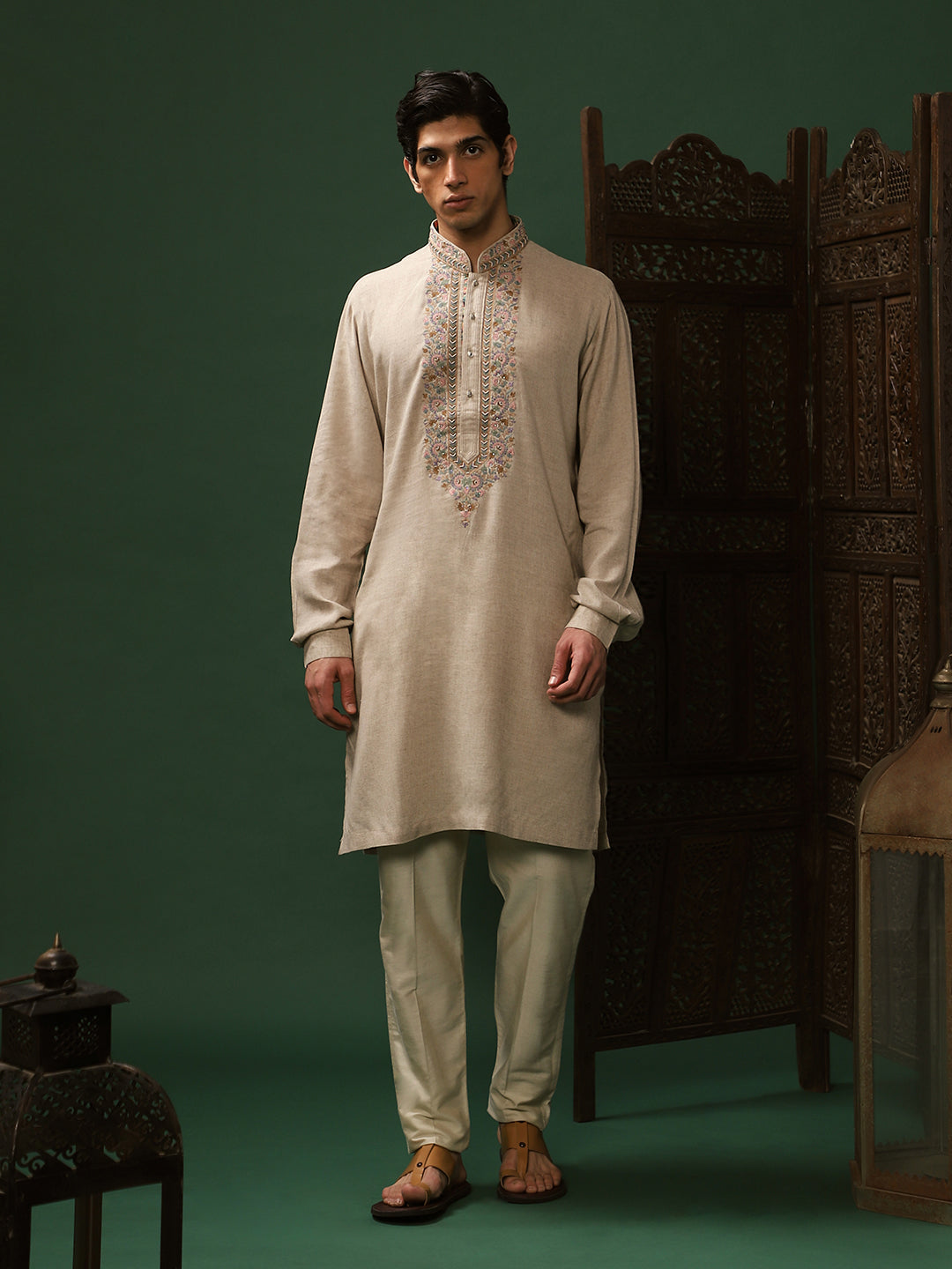 Natural Linen Embroidered Churidar Kurta Set for Men