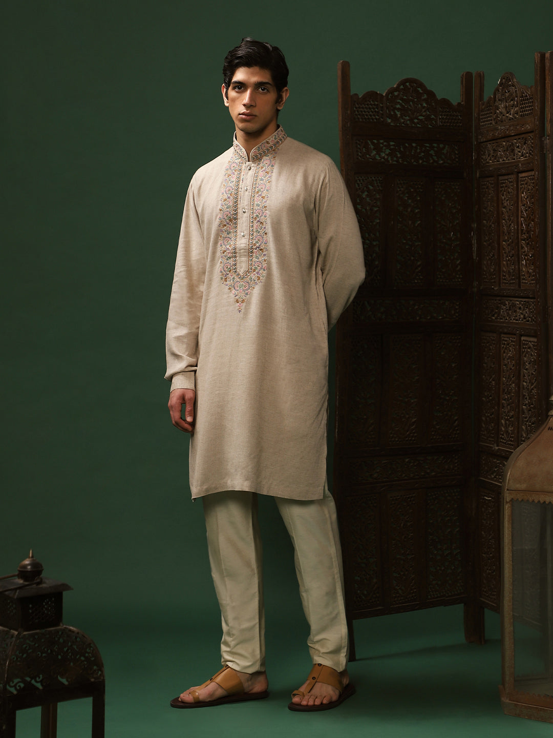 Natural Linen Embroidered Churidar Kurta Set for Men