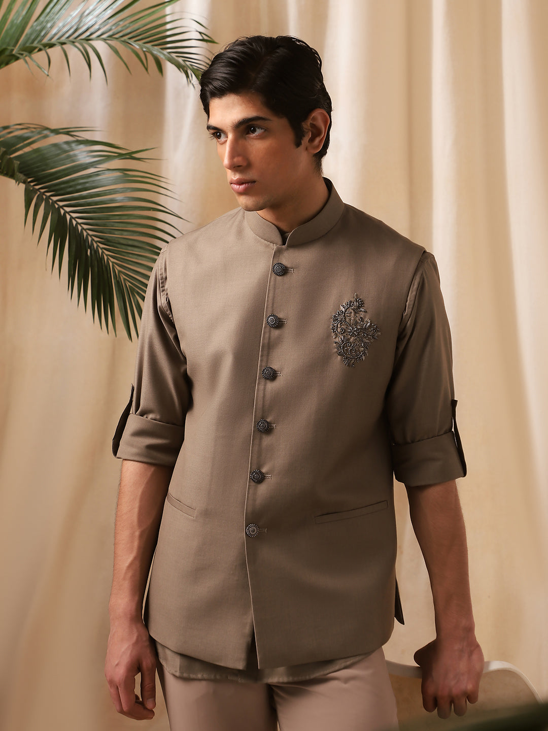 D. Fawn Linen Embroidery Bandi Shirt for Men