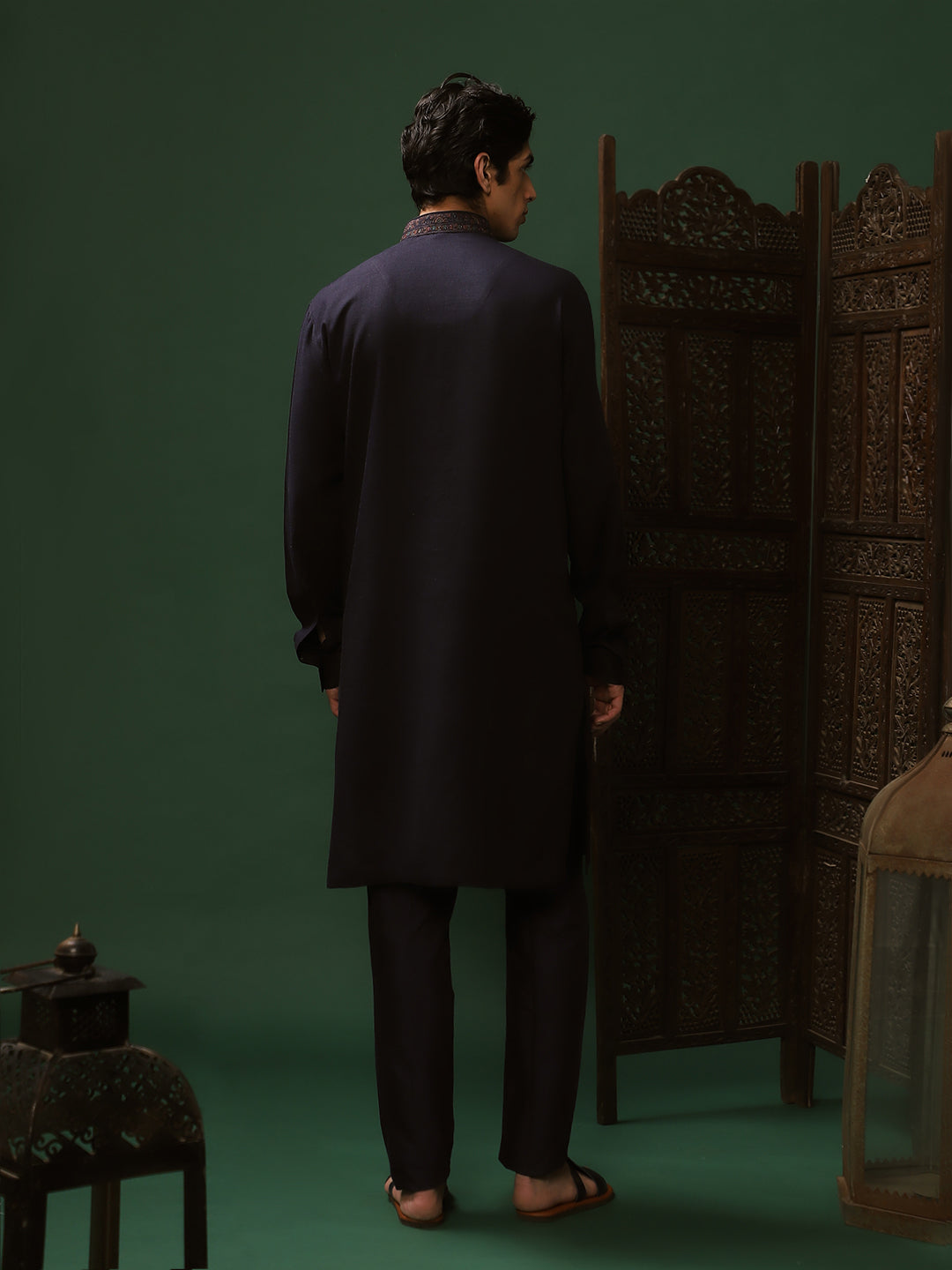 Navy Blue Linen Kurta Set with Alighadi Pants for Men