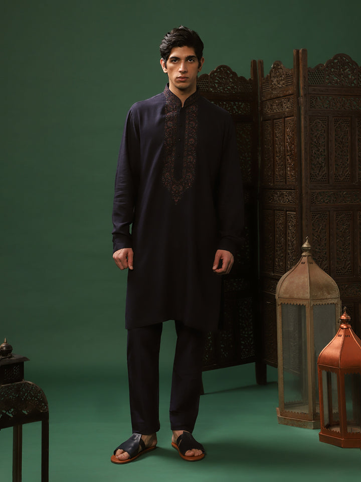 Navy Blue Linen Kurta Set with Alighadi Pants for Men