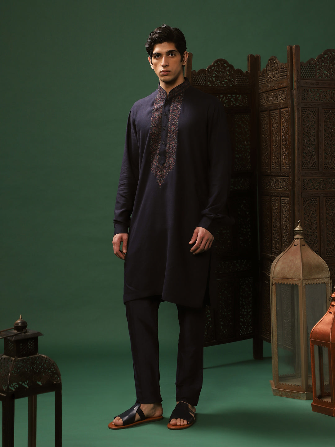 Navy Blue Linen Kurta Set with Alighadi Pants for Men