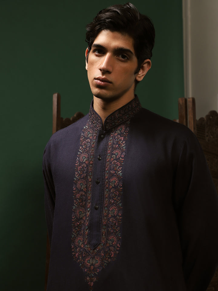 Navy Blue Linen Kurta Set with Alighadi Pants for Men