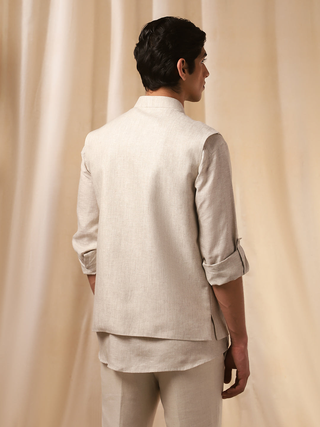 Natural Linen Embroidered Bandi Shirt