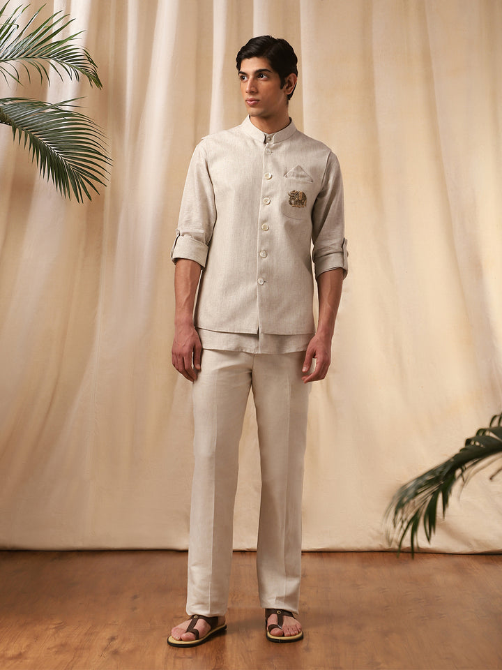 Natural Linen Embroidered Bandi Shirt