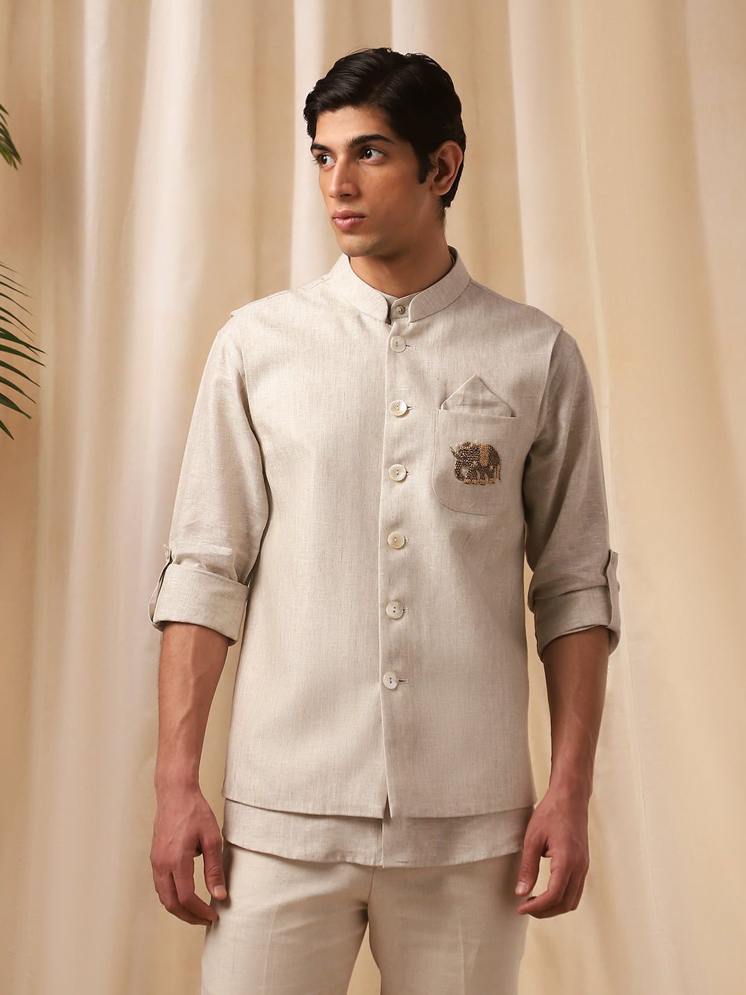 Natural Linen Embroidered Bandi Shirt