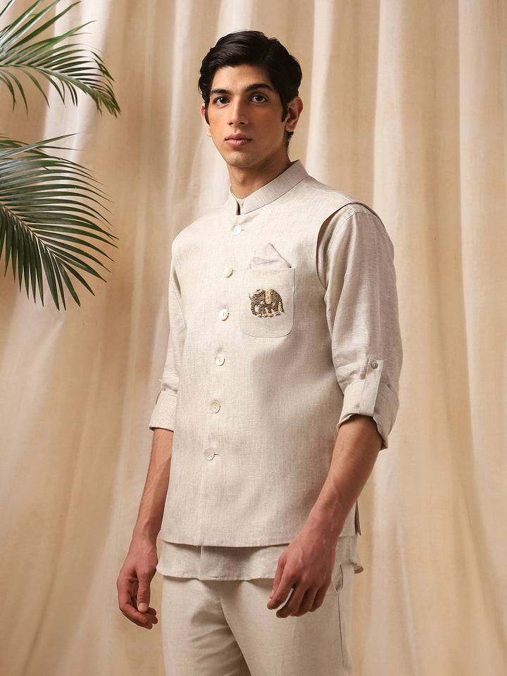 Natural Linen Embroidered Bandi Shirt