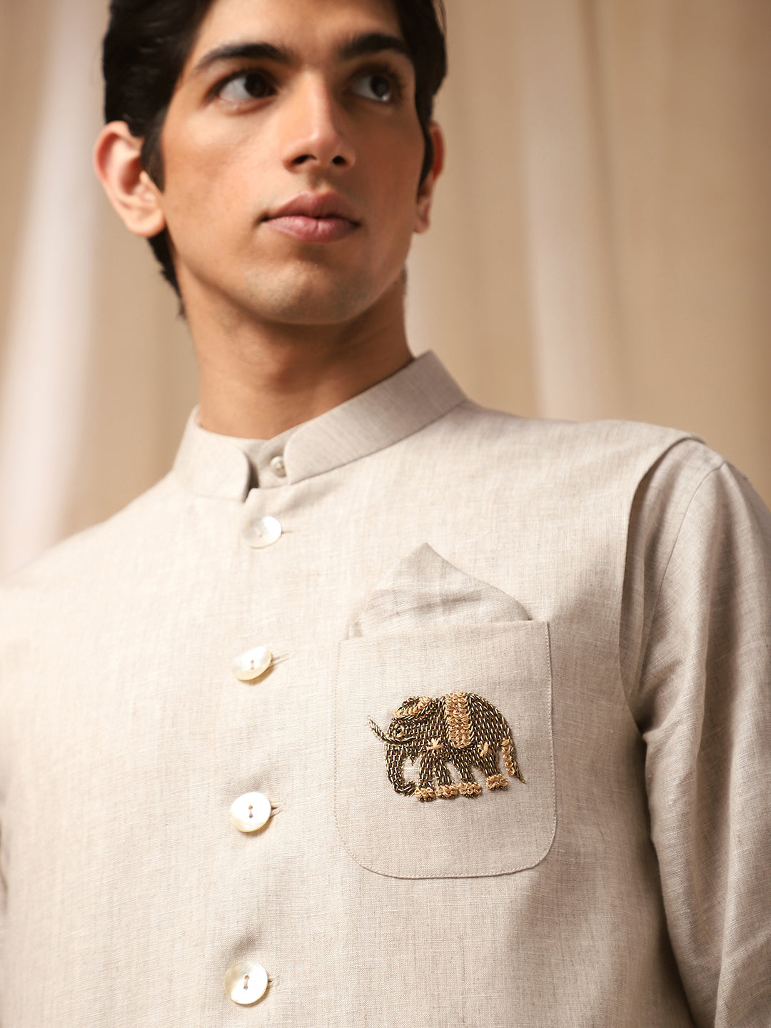 Natural Linen Embroidered Bandi Shirt