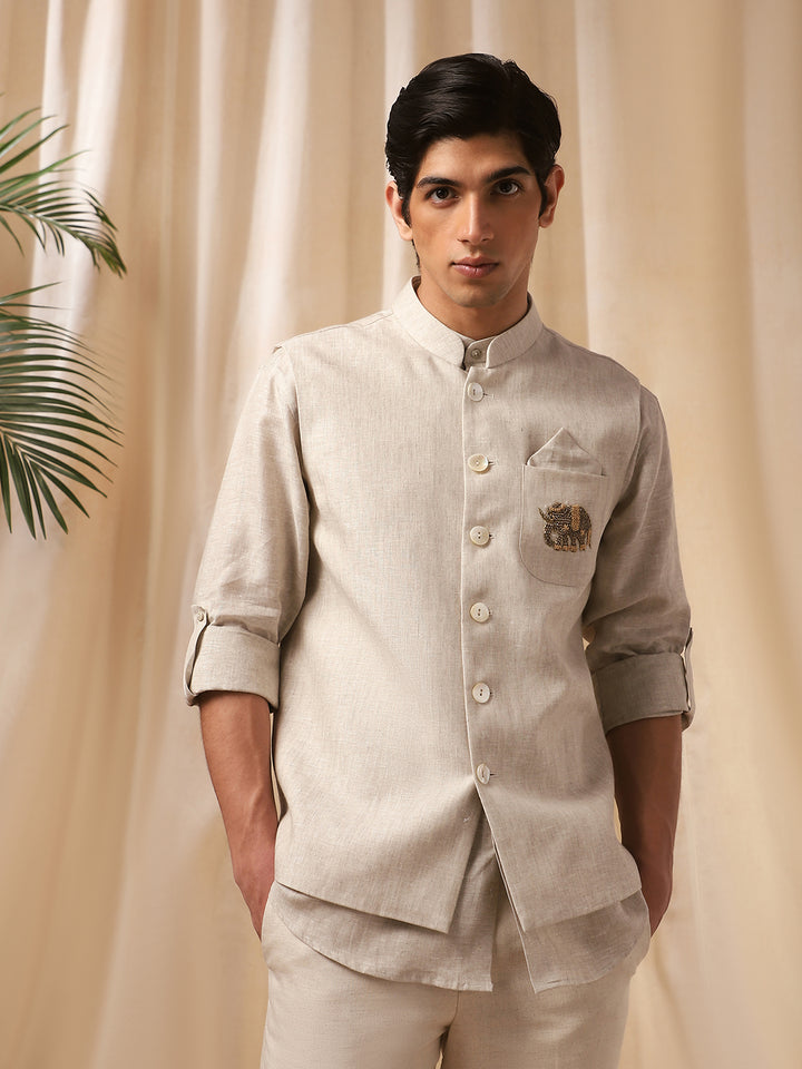 Natural Linen Embroidered Bandi Shirt