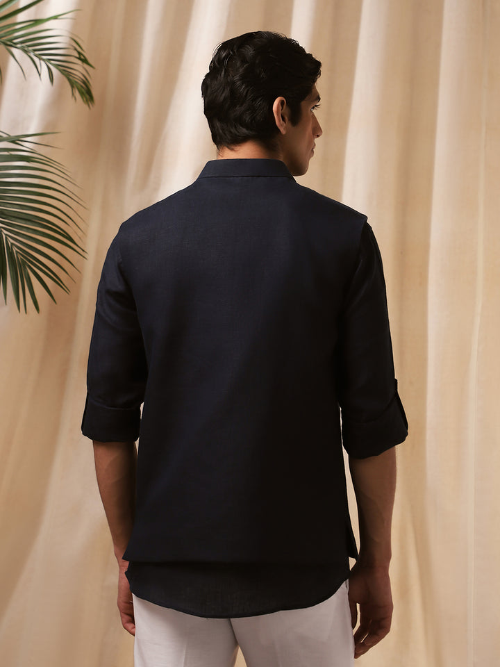 Navy Blue Linen Embroidered Bandi Shirt