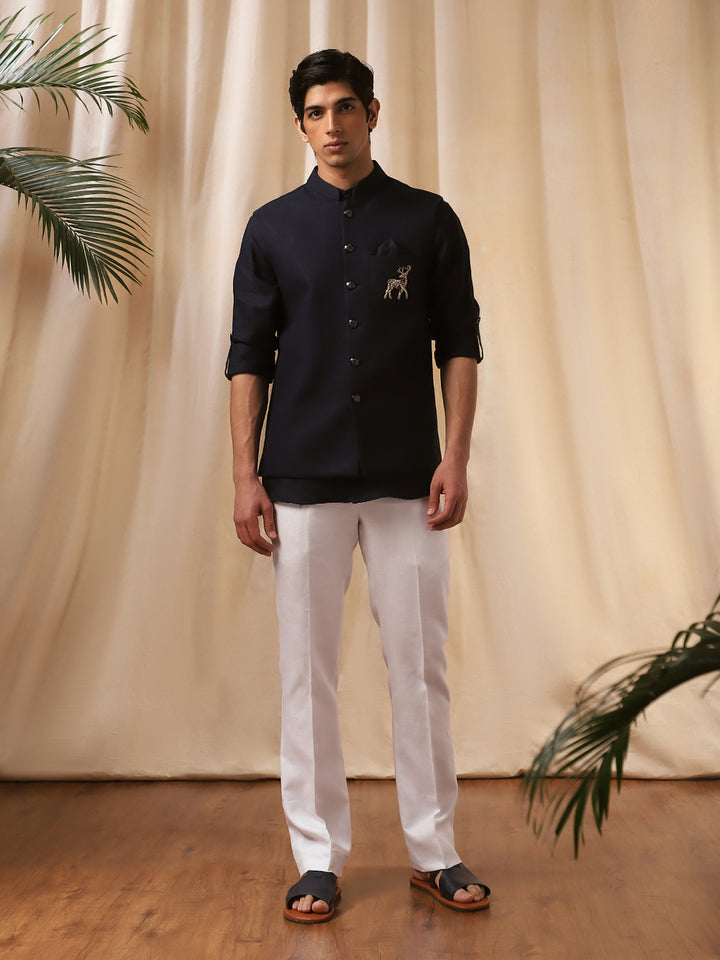 Navy Blue Linen Embroidered Bandi Shirt