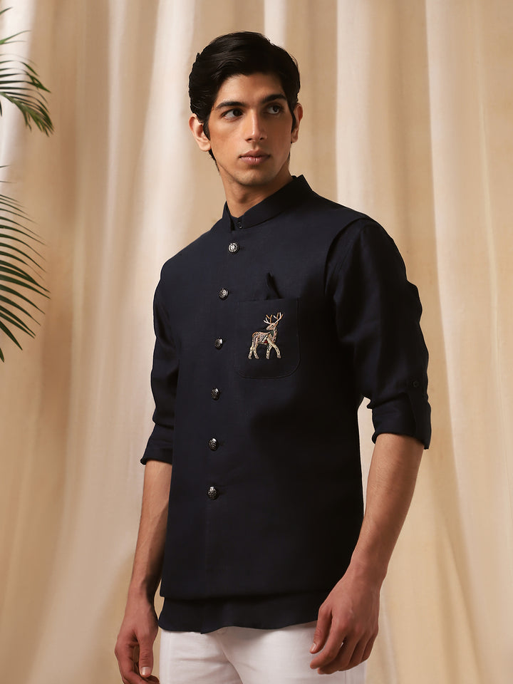 Navy Blue Linen Embroidered Bandi Shirt