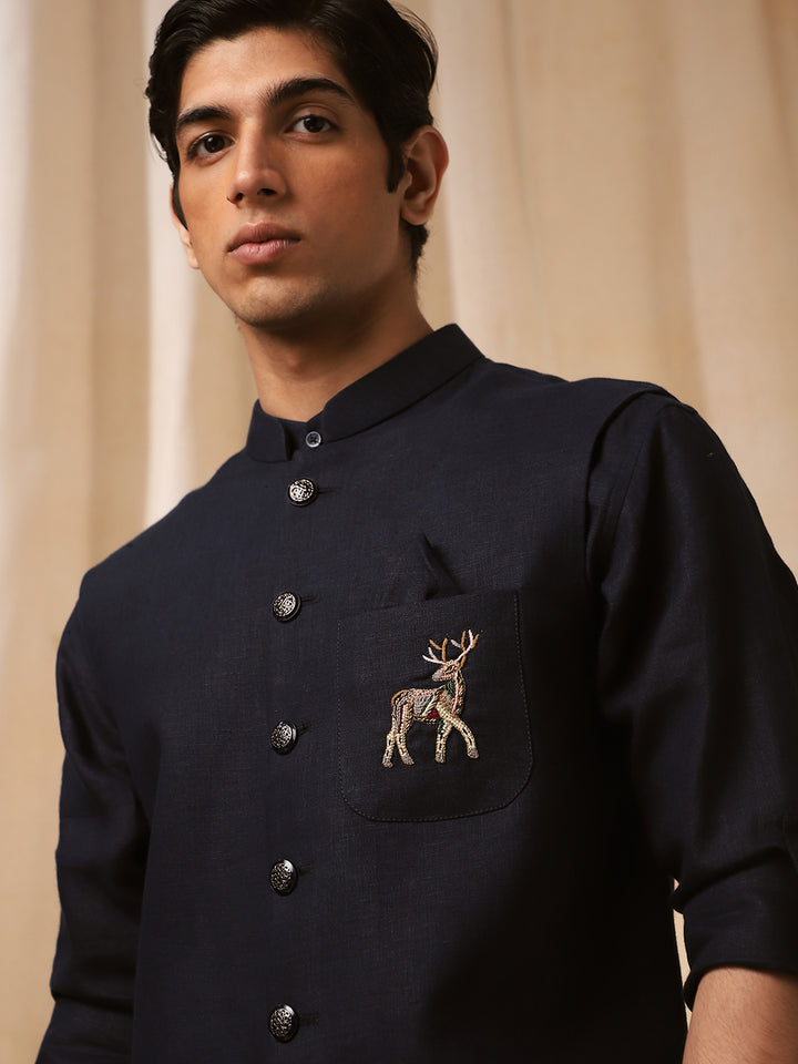 Navy Blue Linen Embroidered Bandi Shirt