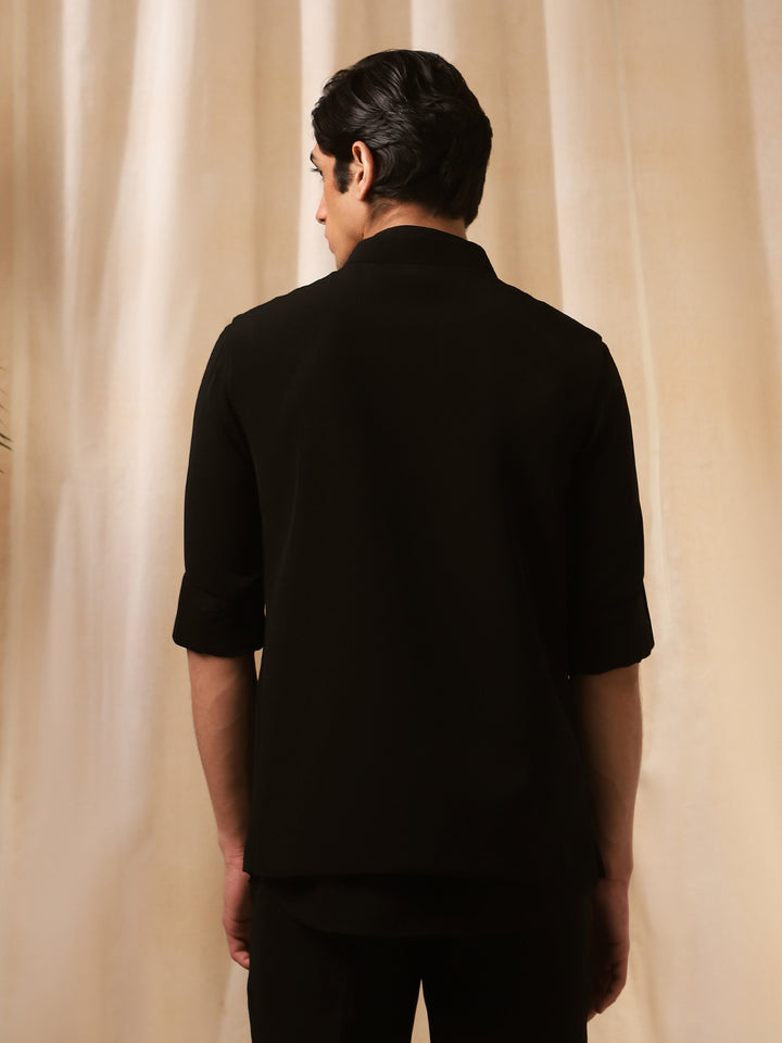 Black Linen Embroidered Bandishirt for Men