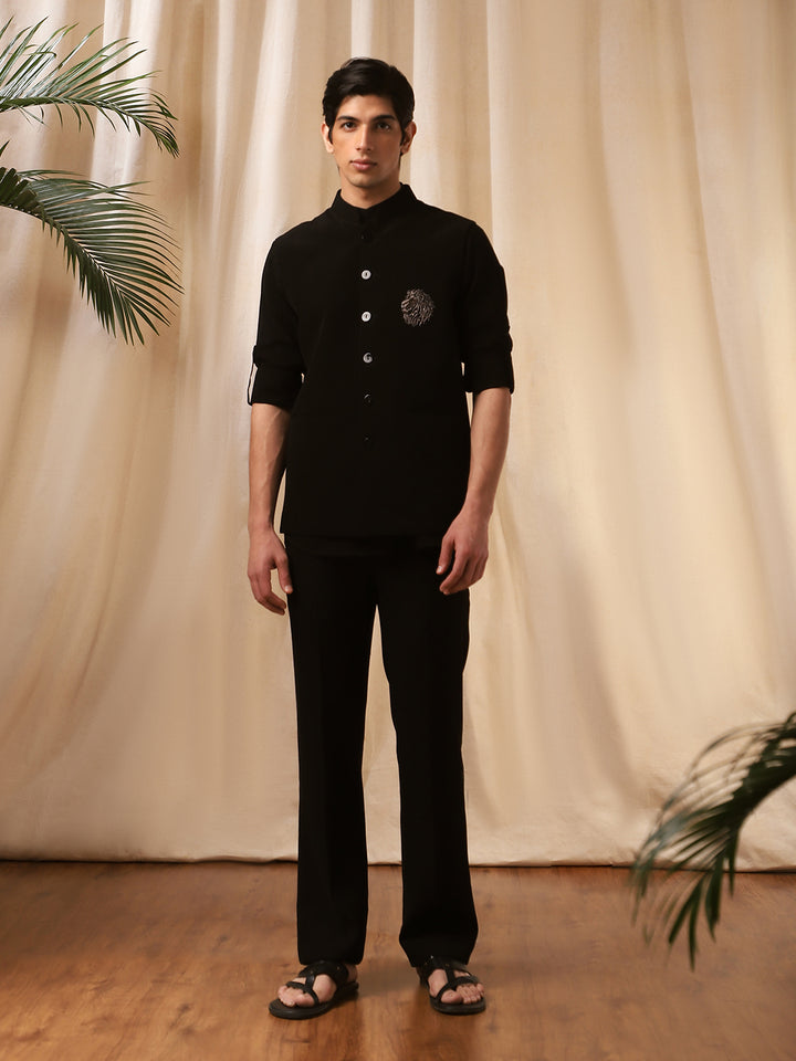 Black Linen Embroidered Bandishirt for Men