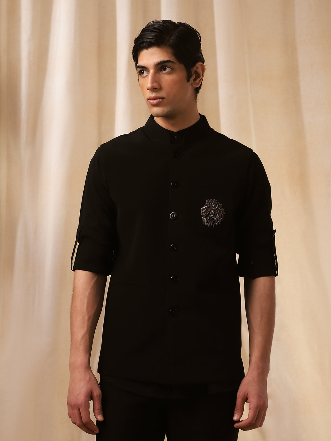 Black Linen Embroidered Bandishirt for Men