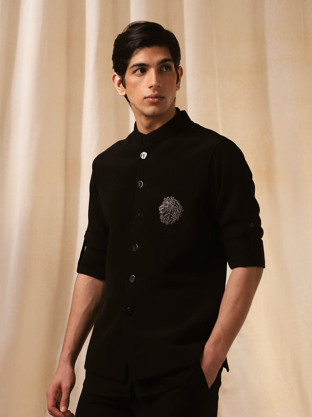 Black Linen Embroidered Bandishirt for Men