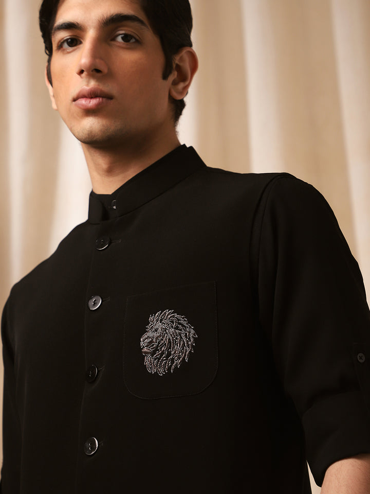 Black Linen Embroidered Bandishirt for Men