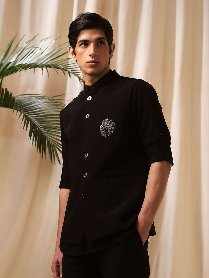 Black Linen Embroidered Bandishirt for Men