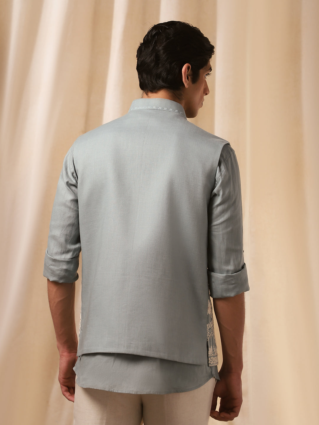 Grey Embroidered Linen Bandi Shirt for Men