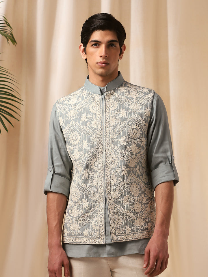 Grey Embroidered Linen Bandi Shirt for Men