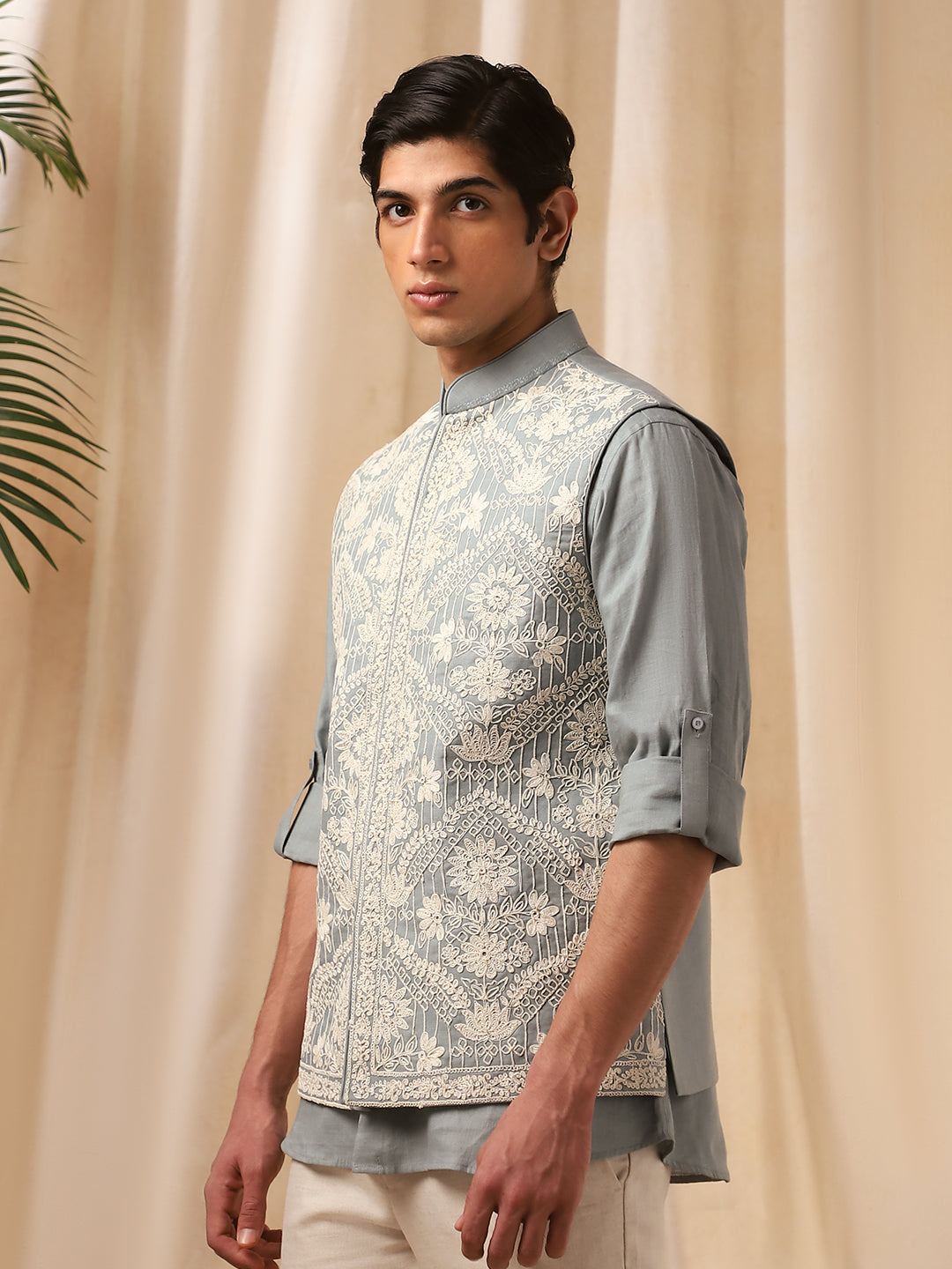 Grey Embroidered Linen Bandi Shirt for Men