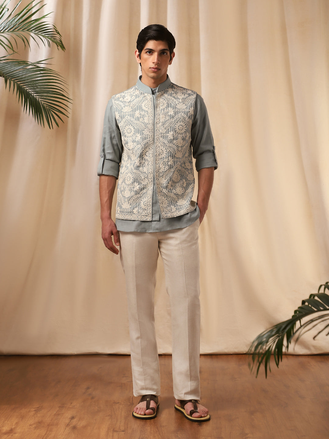 Grey Embroidered Linen Bandi Shirt for Men