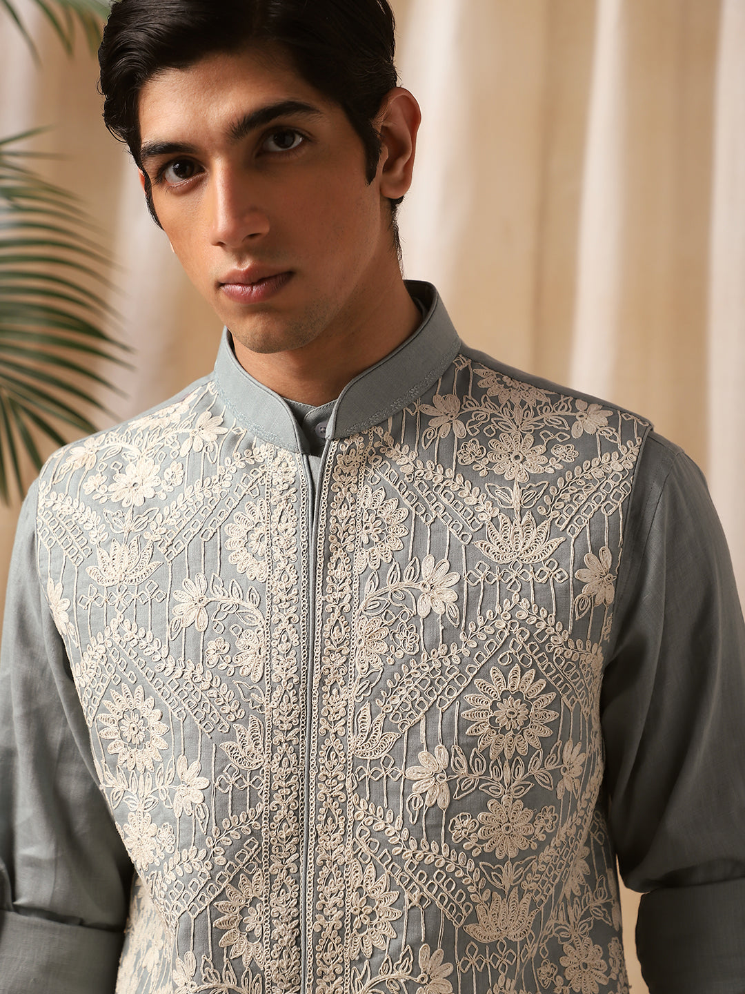 Grey Embroidered Linen Bandi Shirt for Men