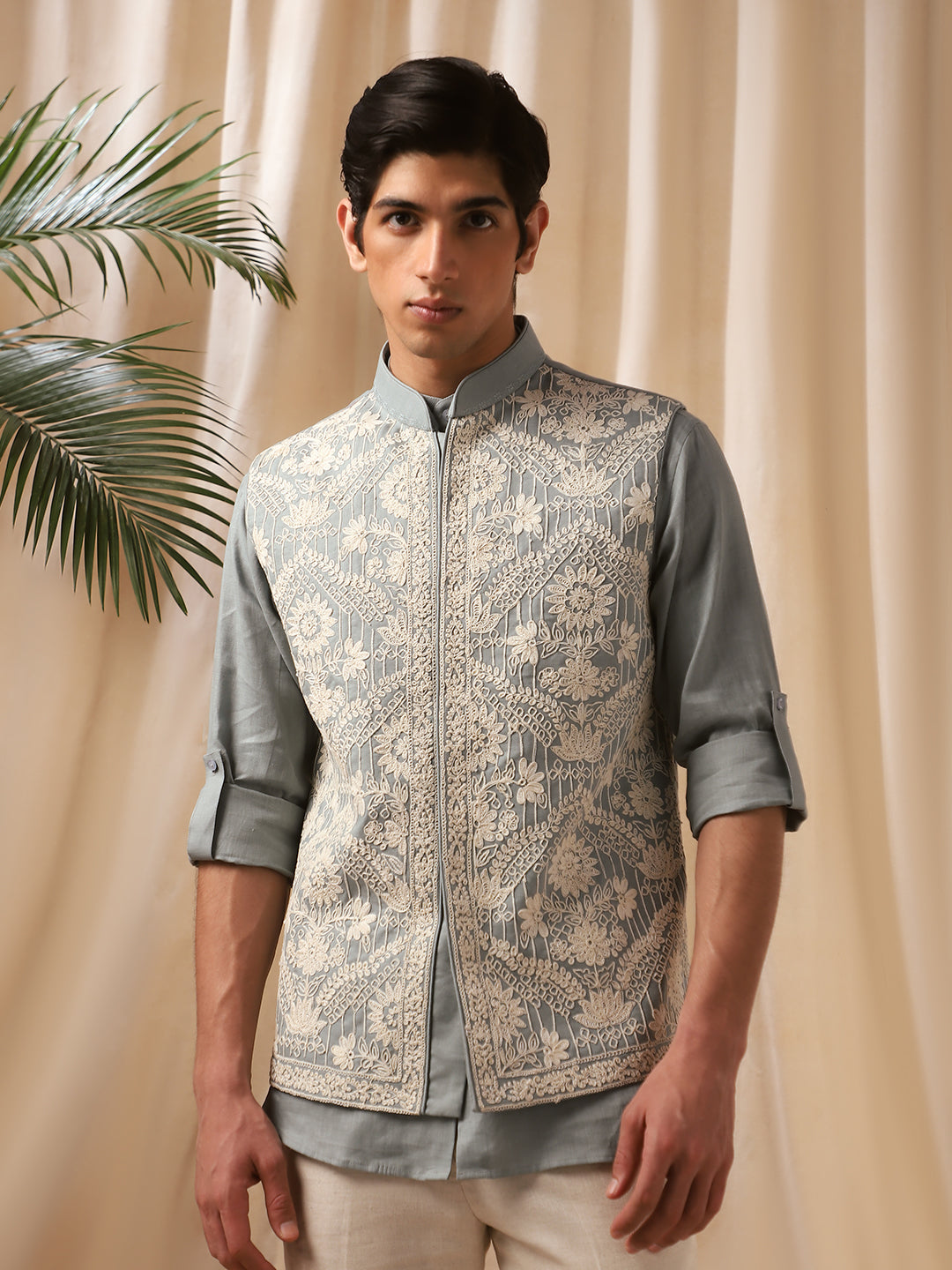 Grey Embroidered Linen Bandi Shirt for Men