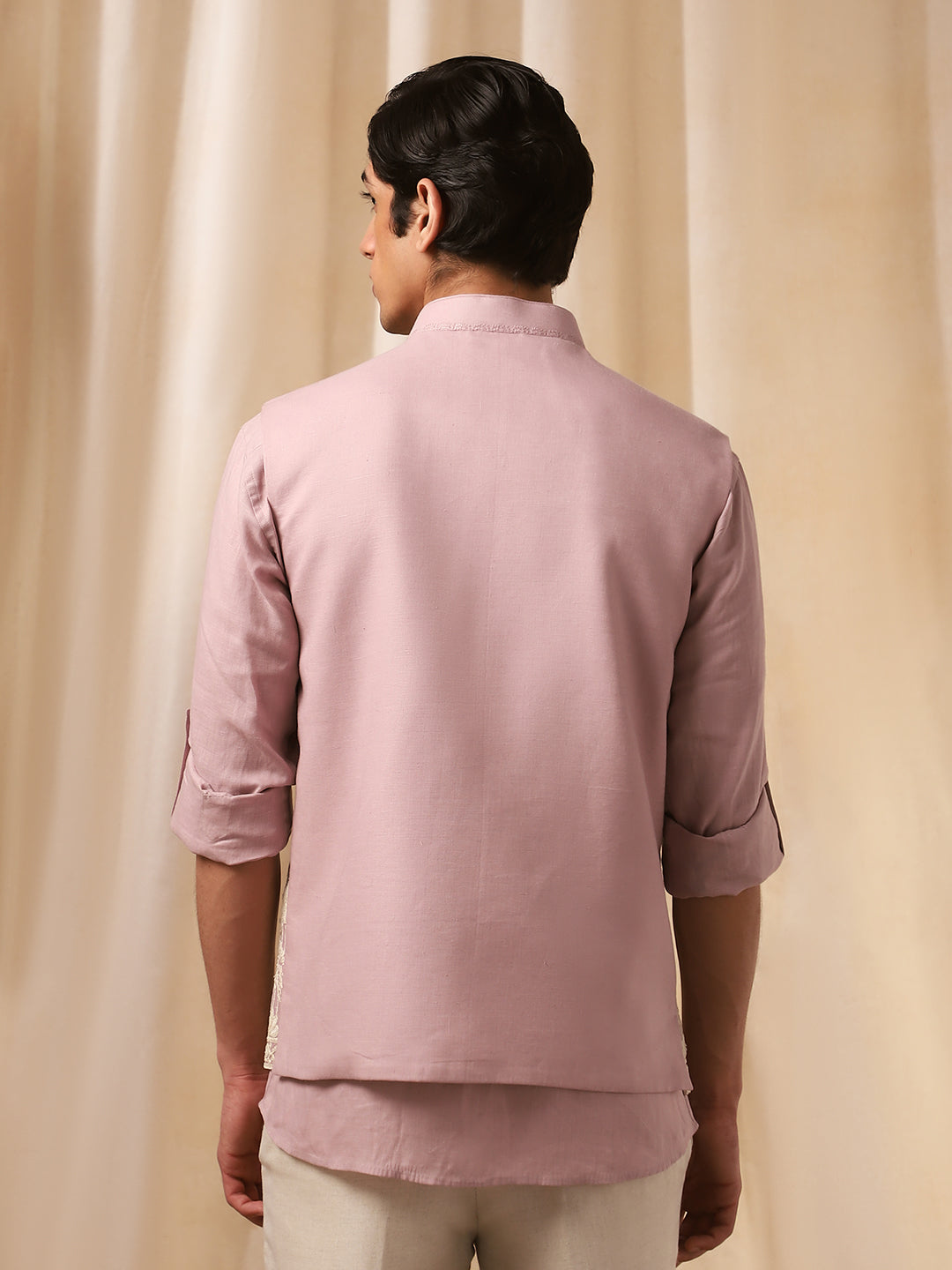 Pink Embroidered Linen Bandi Shirt for Men