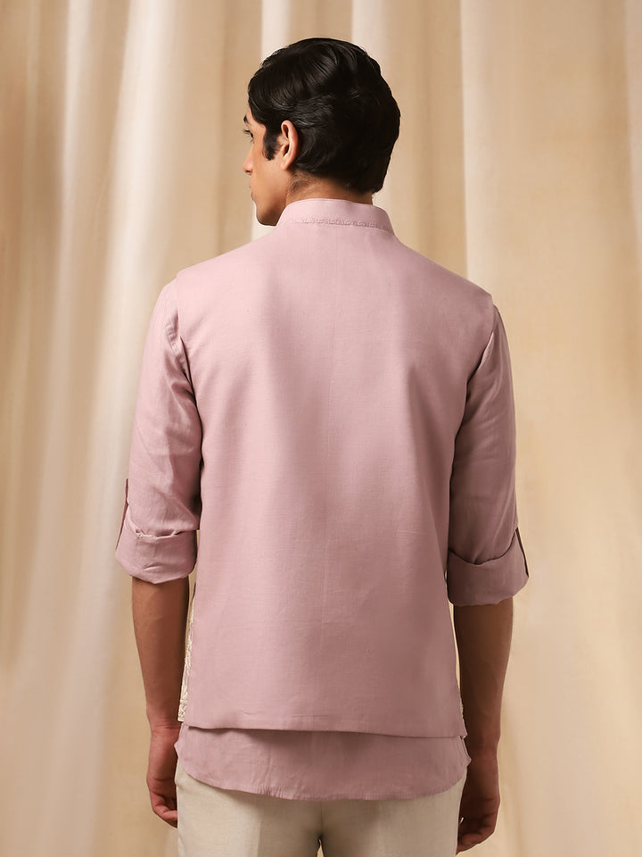 Pink Embroidered Linen Bandi Shirt for Men