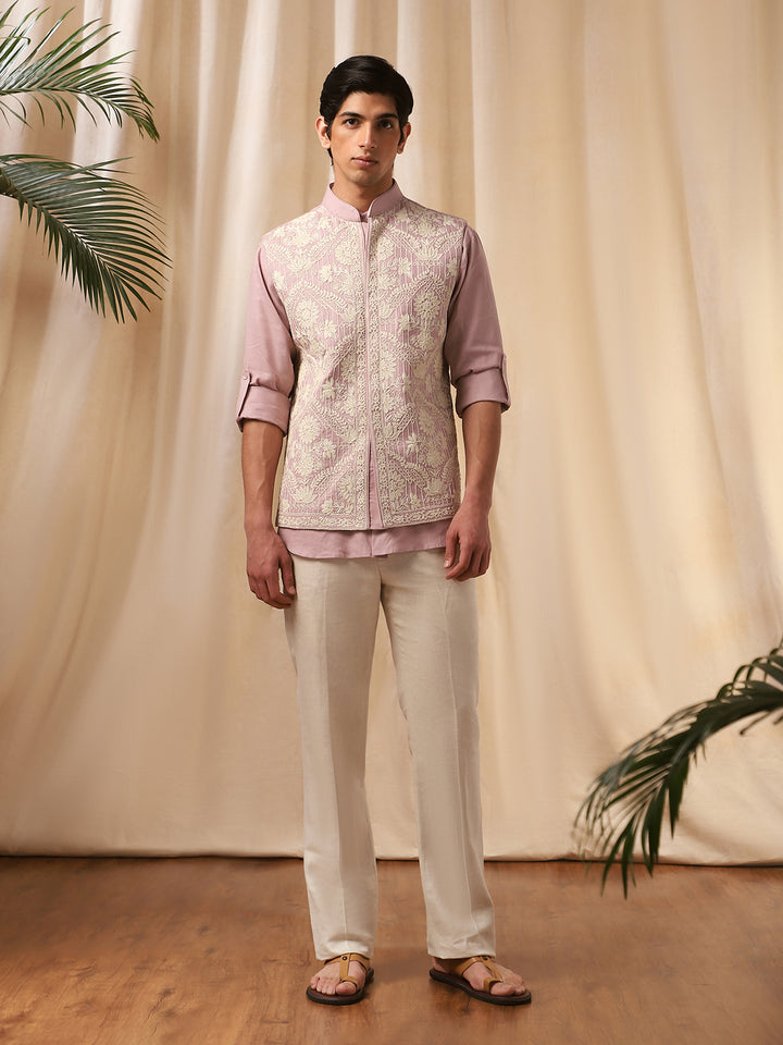 Pink Embroidered Linen Bandi Shirt for Men