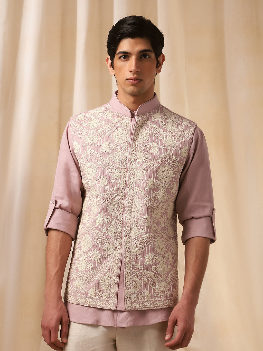 Pink Embroidered Linen Bandi Shirt for Men