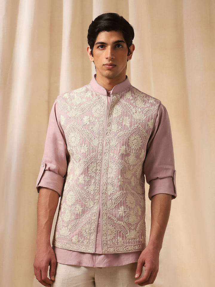 Pink Embroidered Linen Bandi Shirt for Men