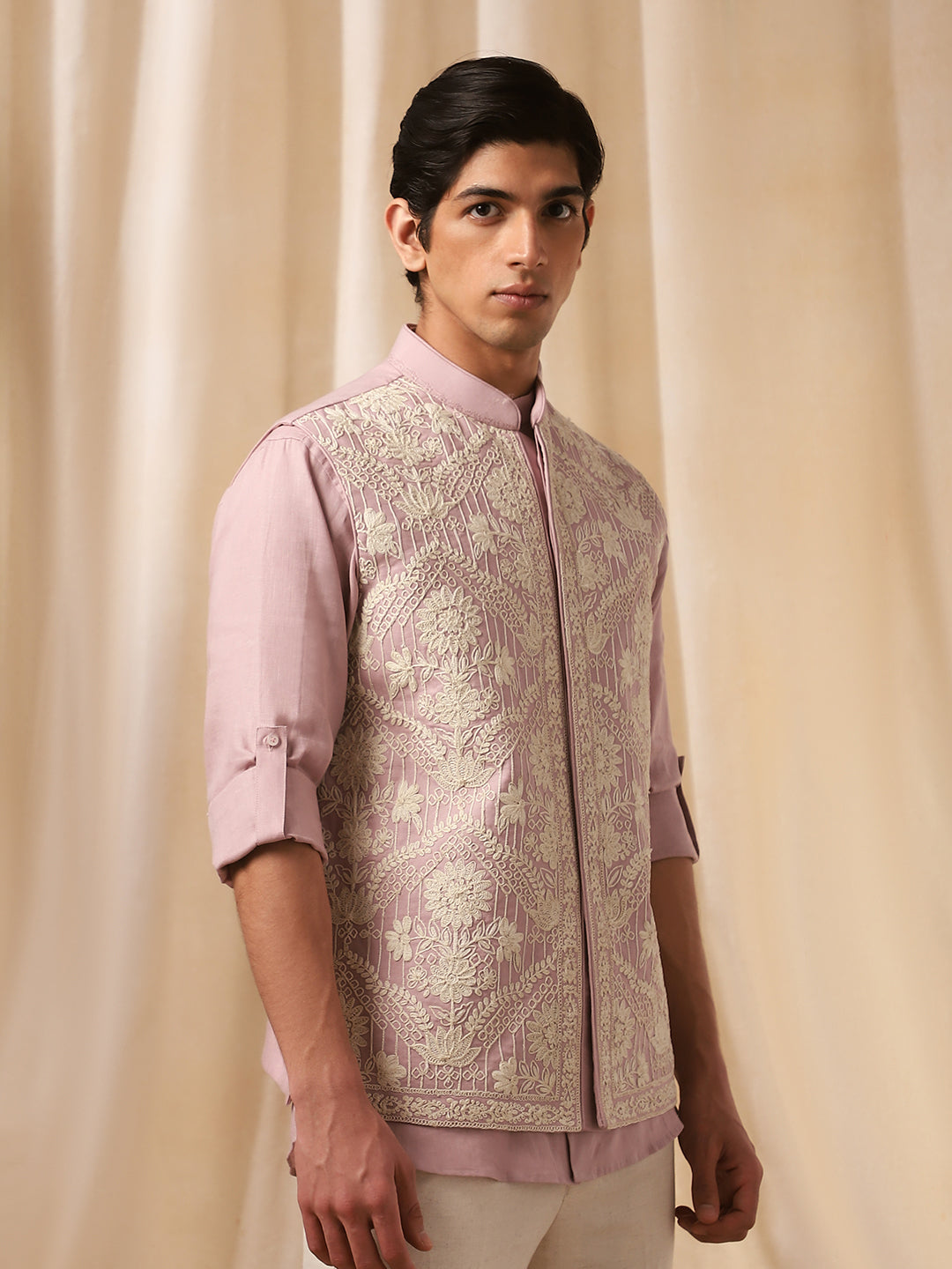 Pink Embroidered Linen Bandi Shirt for Men