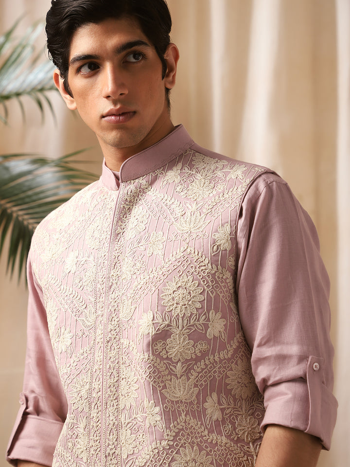 Pink Embroidered Linen Bandi Shirt for Men